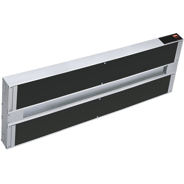 A black and silver Hatco Glo-Ray strip warmer with two rectangular doors.