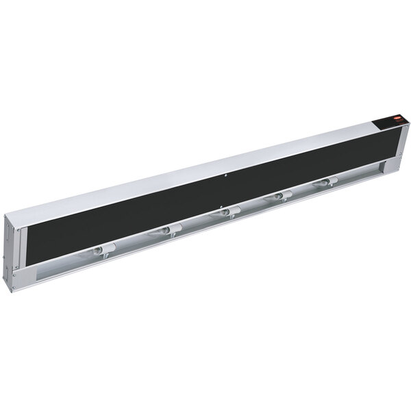 A long black and silver rectangular metal strip warmer with a black panel.