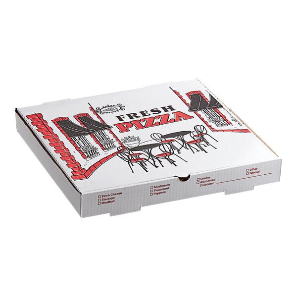 A white corrugated pizza box with a printed design and the words 'Fresh Pizza' on the lid.