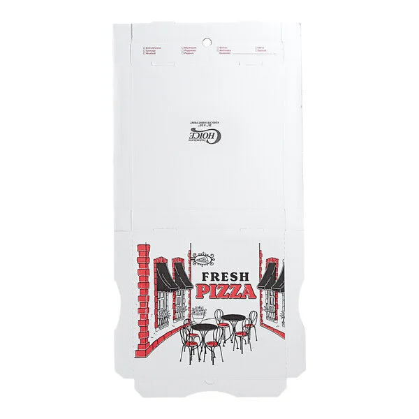 A flat, unfolded white corrugated pizza box with a printed design and the words 'Fresh Pizza' on the front.