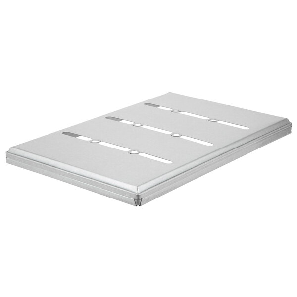 A Chicago Metallic aluminized steel pullman pan cover with four rectangular holes.
