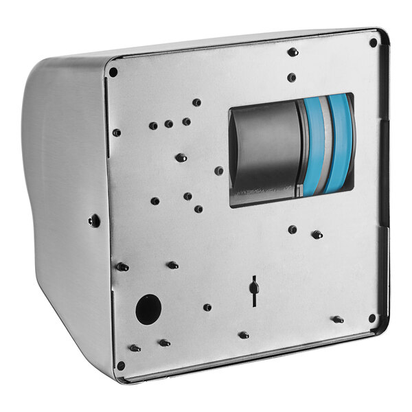 An American Dryer stainless steel hand dryer with a blue and black object on the box.