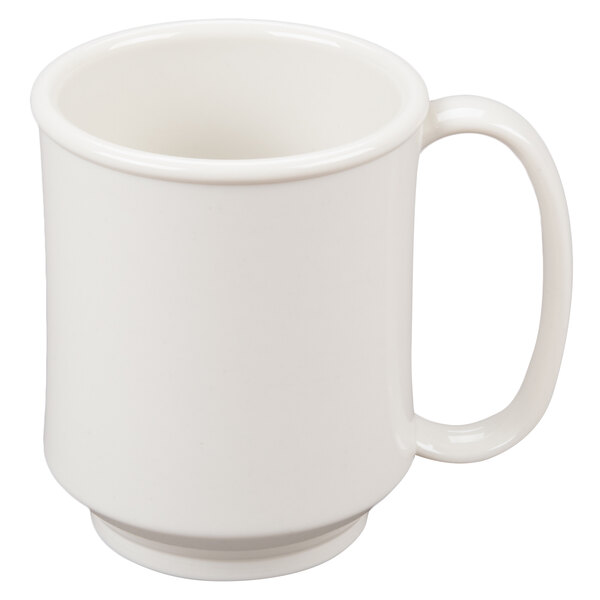 A close-up of a white GET Tritan mug with a handle.