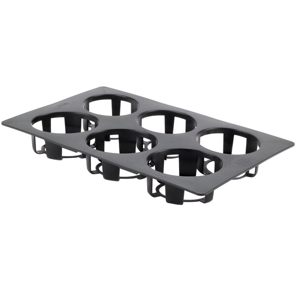 A black plastic tray with six Tablecraft Tritan dispensers.