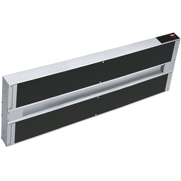 A black and silver rectangular Hatco Glo-Ray double strip warmer with two black doors.
