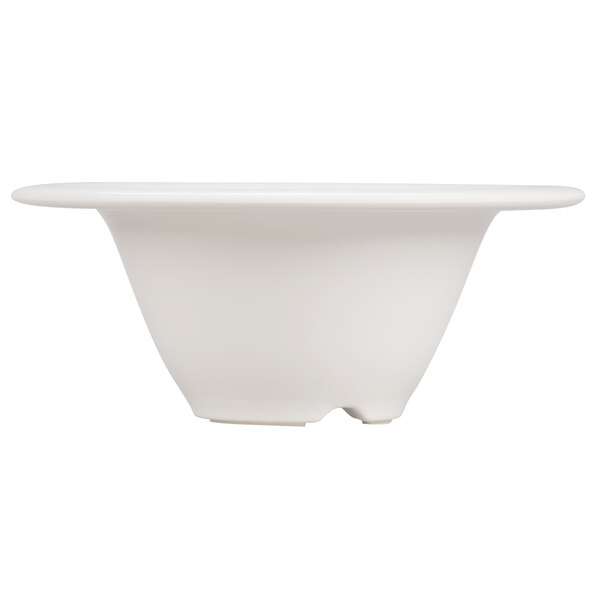 A close-up of a GET ivory melamine bowl with a wide rim.