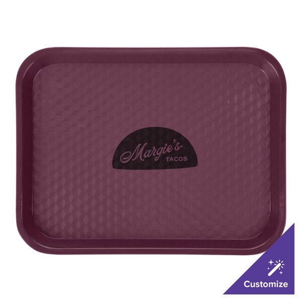 A burgundy fast food tray with the name Margarita's on it.