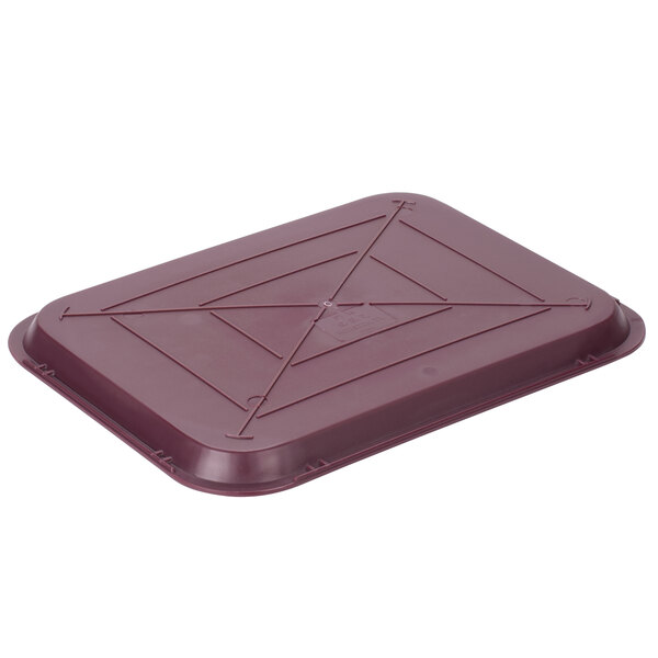 A rectangular burgundy plastic fast food tray with a triangle pattern.