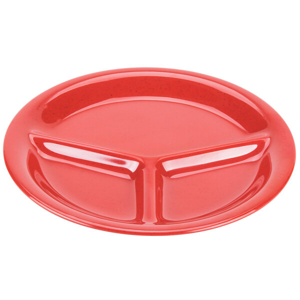 A red GET Sensation melamine plate with three compartments.