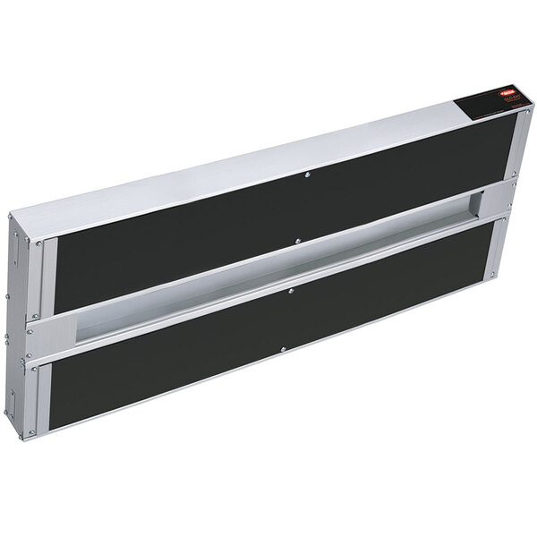 A rectangular black and silver Hatco Strip Warmer with black trim on the ends.