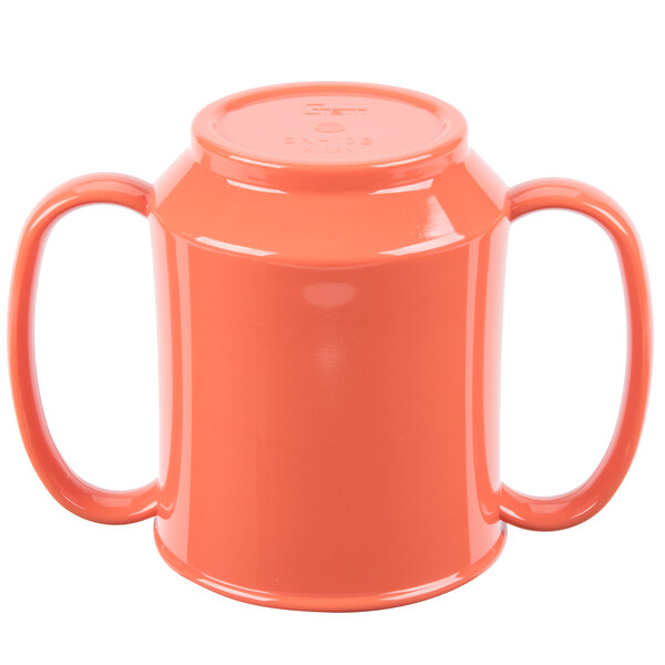 A close-up of a GET Rio Orange plastic mug with two handles.