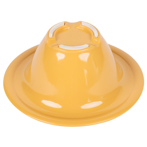 A yellow melamine bowl with a wide white rim.