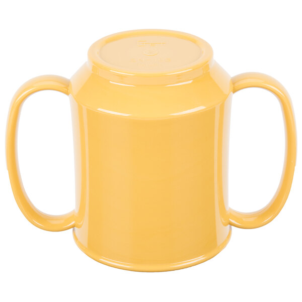 A yellow Tritan plastic mug with two handles.