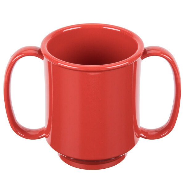 A red GET Tritan plastic mug with two handles.