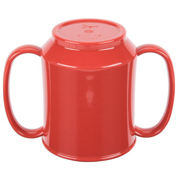 A red GET Tritan plastic mug with two handles.