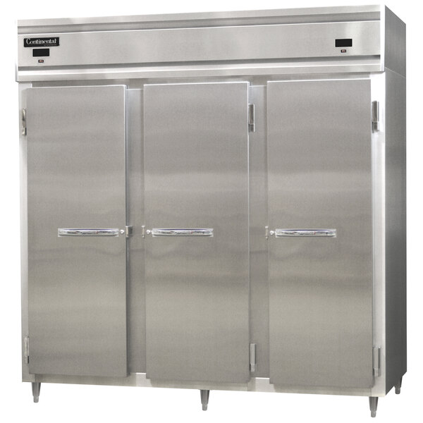 A Continental Refrigerator stainless steel dual temperature reach-in refrigerator and freezer with three open doors.