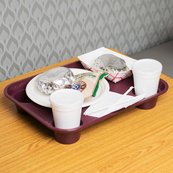 Get Ft 20 Bu 14 X 17 Burgundy Plastic Fast Food Tray With Cup Holders 12 Case