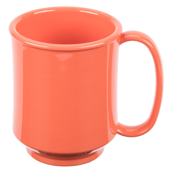 A close-up of a GET Rio Orange Tritan mug with a handle.