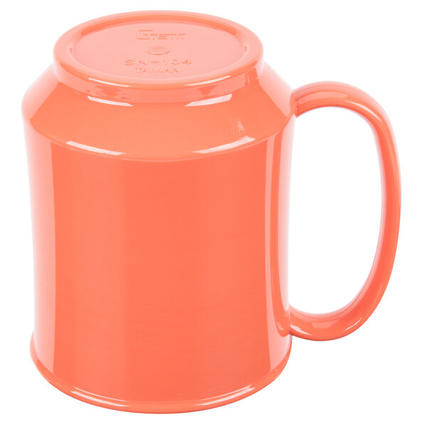 A close-up of a GET Rio Orange Tritan mug with a handle.