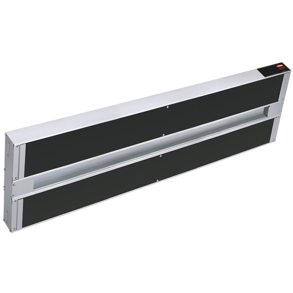 A black and silver Hatco Glo-Ray strip warmer with remote controls on a white metal shelf.