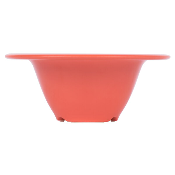 A close up of a Rio orange melamine bowl with a wide rim.