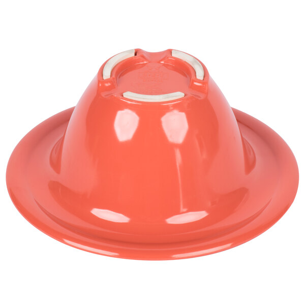 A red melamine bowl with a wide white rim.