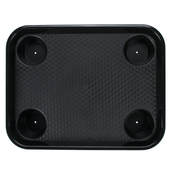 A black GET fast food tray with four cup holders.