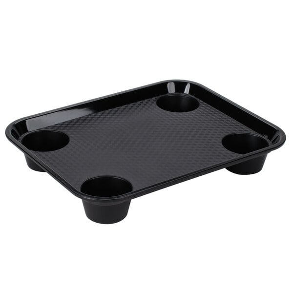 A black polypropylene fast food tray with four compartments.