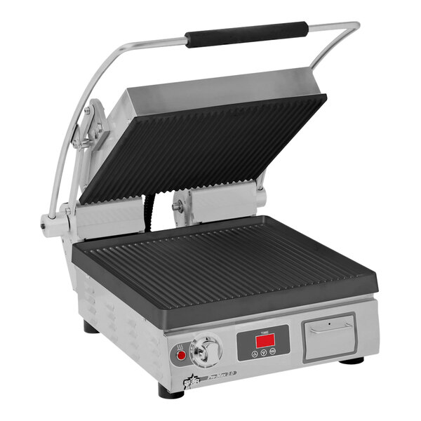 A Star Pro-Max Panini Grill with grooved and smooth cast iron plates.