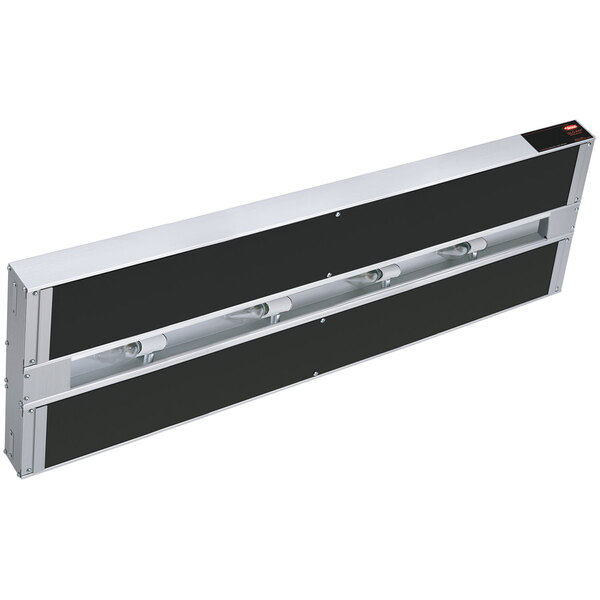 A black Hatco rectangular strip warmer with white lights.