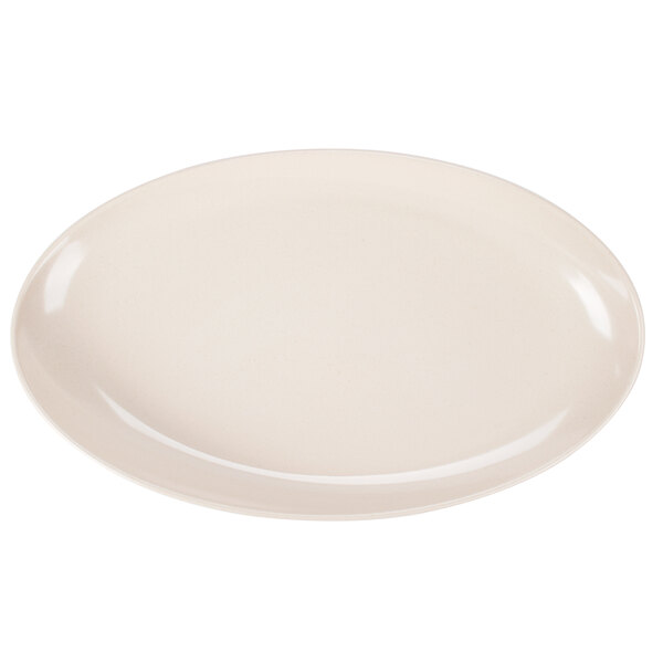 A white oval melamine platter with a plain edge on a white background.