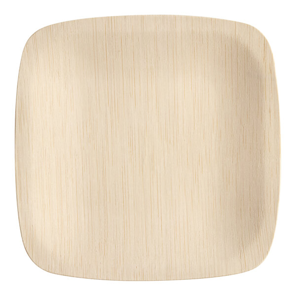 A close-up of a square wooden Bambu Veneerware plate.