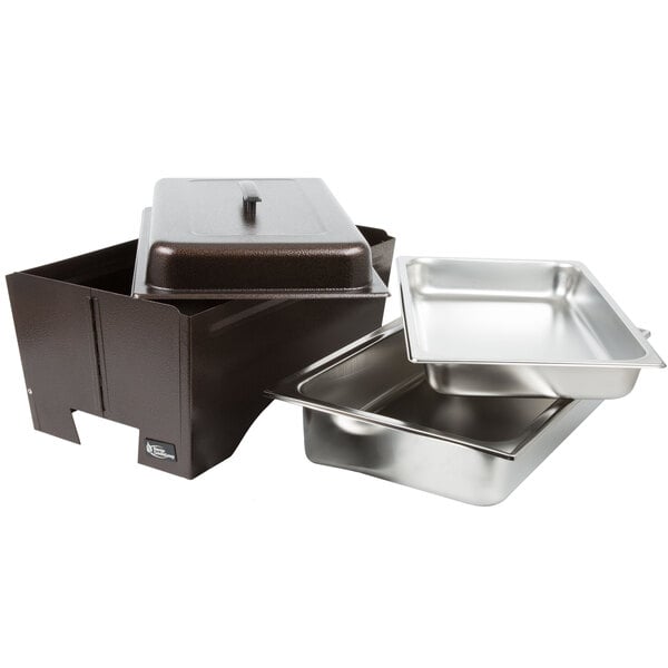 A copper vein metal chafing dish with lid and pan set on a metal tray.