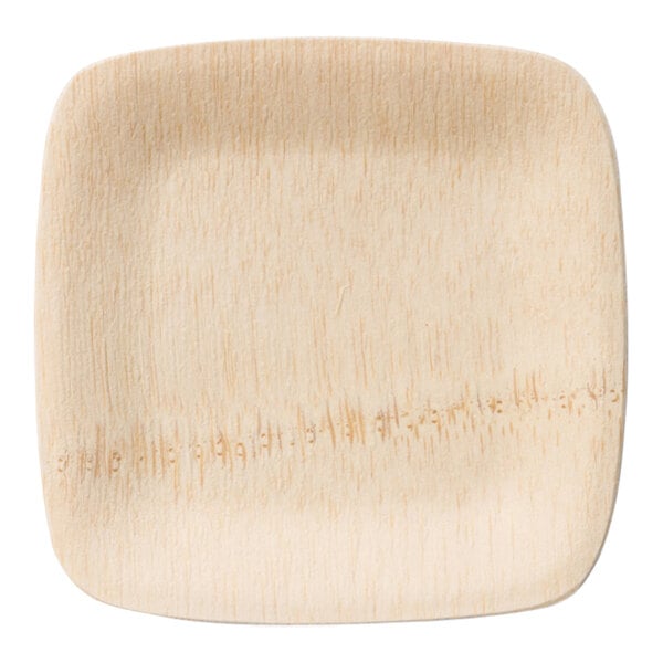 A Bambu Veneerware square bamboo appetizer plate.