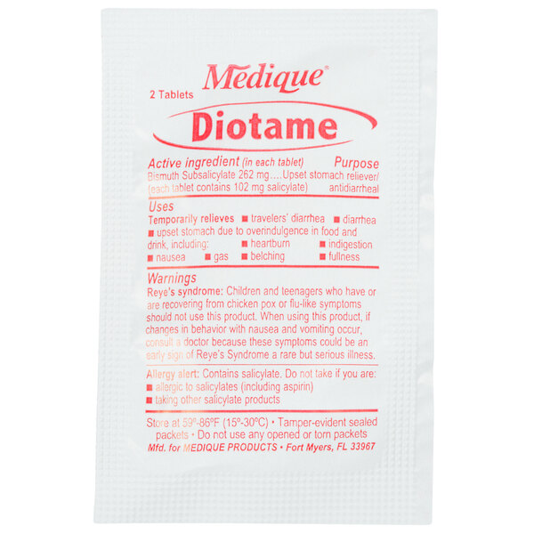 A white Medique Diotame packet with red text.