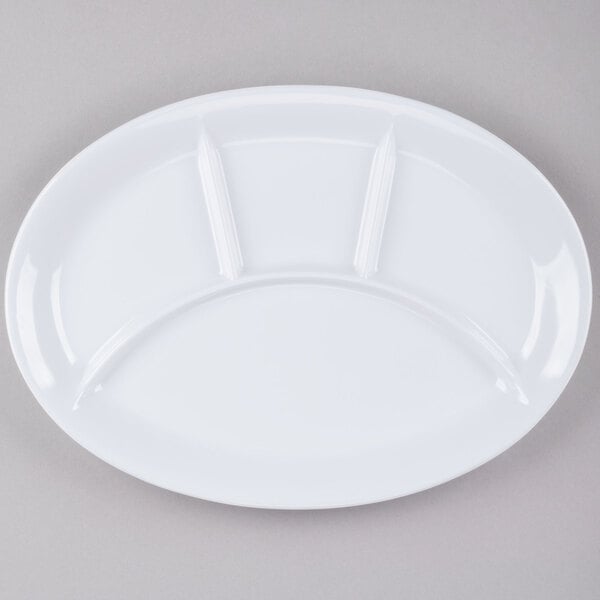 A white melamine platter with 4 compartments.