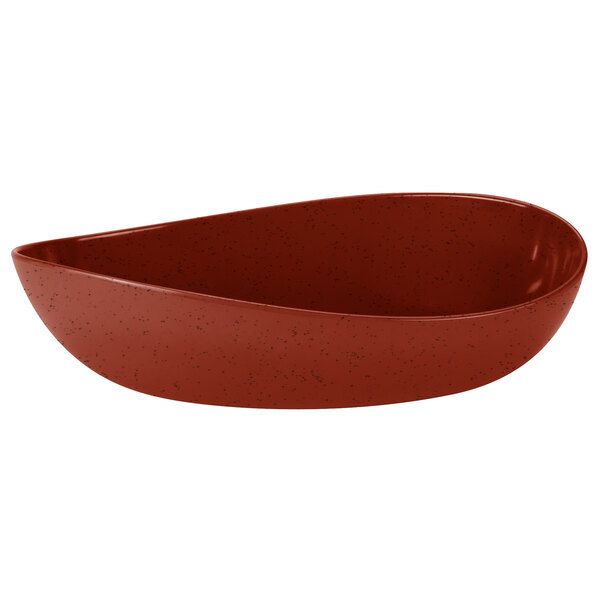 A close-up of a red Osslo melamine bowl with speckled specks.