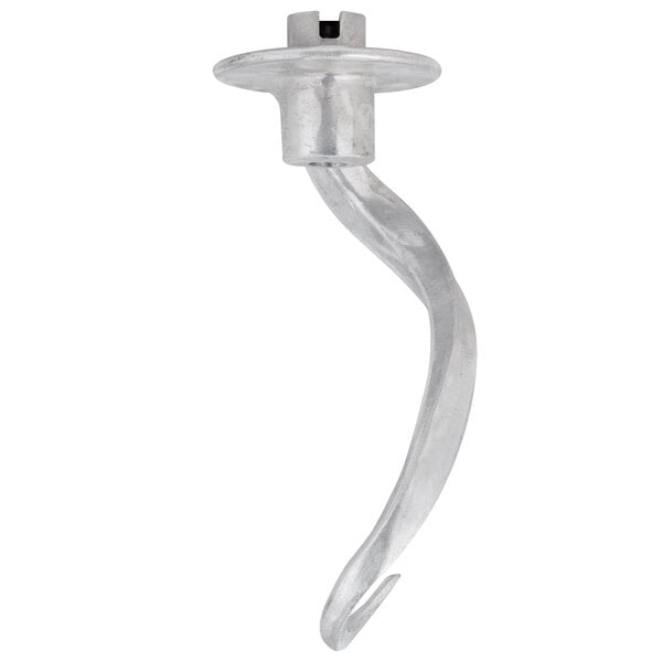 A silver Hobart dough hook with a curved metal end.