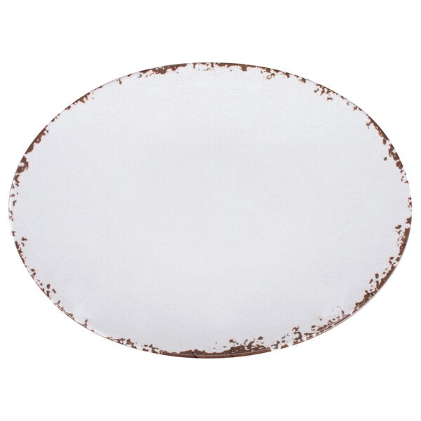 A white oval GET Osslo melamine platter with brown edges.