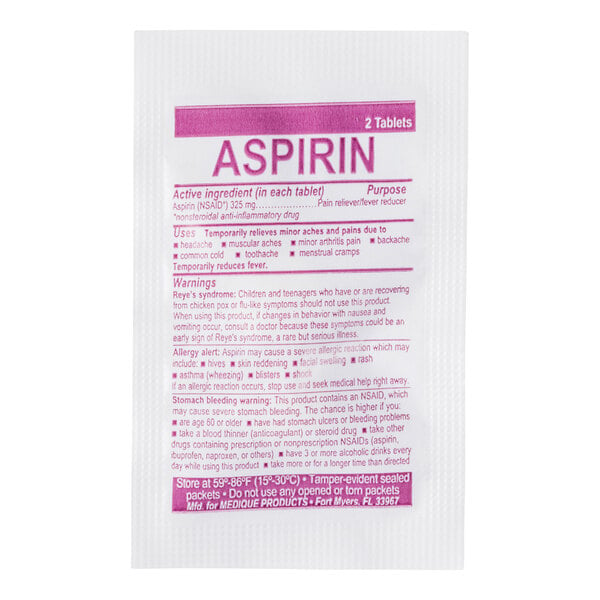 A white packet labeled 'Aspirin' containing two tablets, with dosage, usage, and warning information printed in pink and black text.
