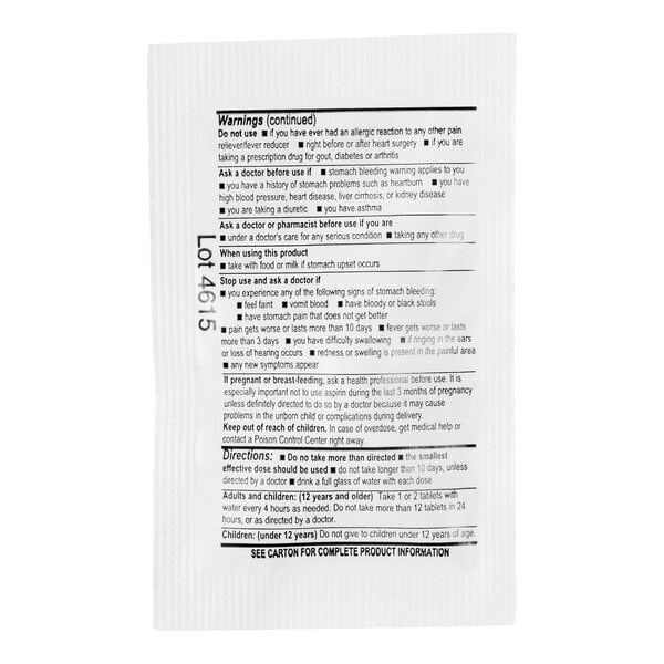 The image shows the back of a medication packet with warnings, directions, and dosage information printed in black text on a white background.