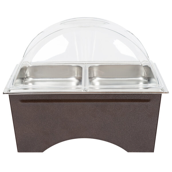 A Sterno copper vein chafer with clear dome cover and 2 half size pans on a counter.