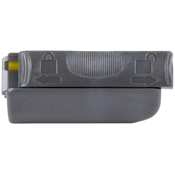 A grey plastic Unger Ninja squeegee endclip with a yellow button.