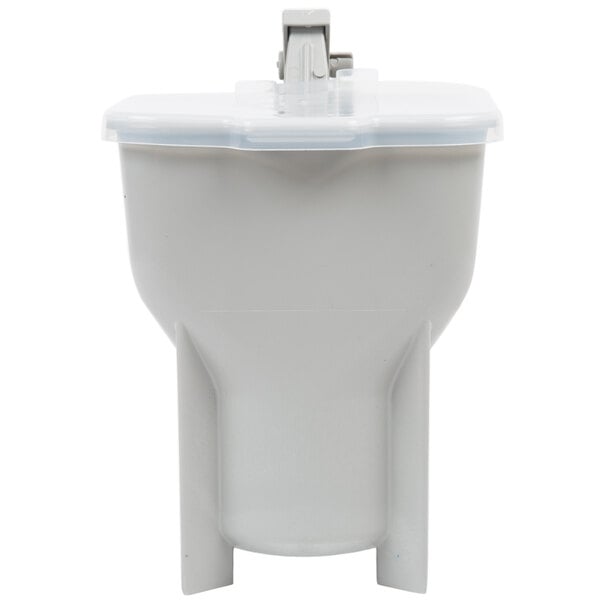 A white plastic Vollrath sauce dispenser with legs and a clear lid.