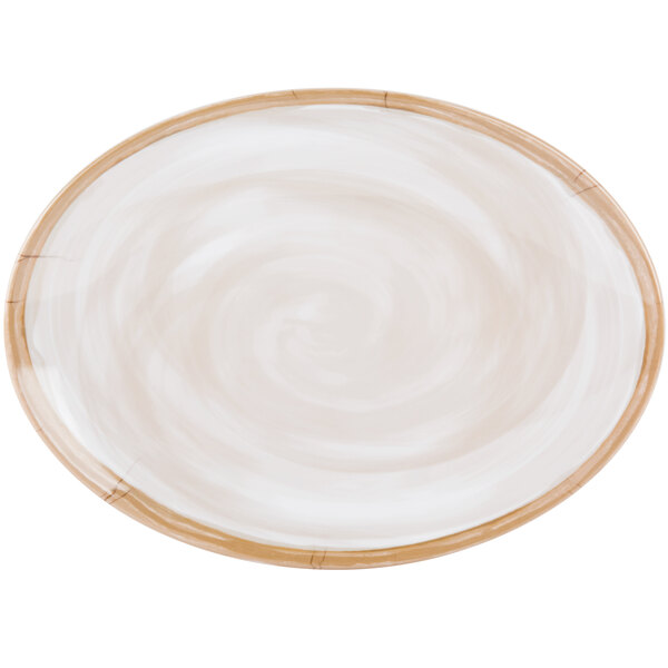 A white melamine platter with a swirl pattern on the rim.