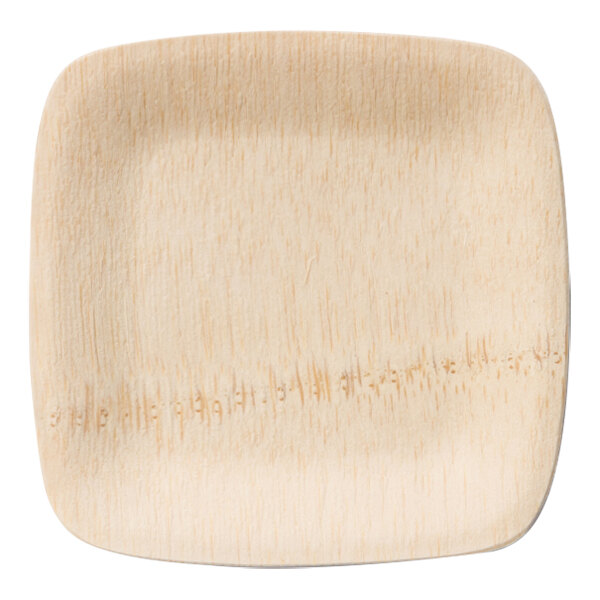 A close up of a square wooden Bambu Veneerware tasting plate with a wood grain surface.