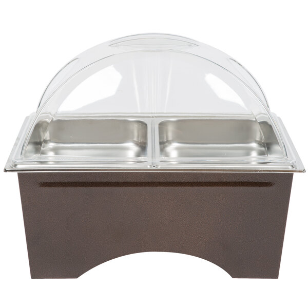 A Sterno Copper Vein Fold Away Chafer with clear dome cover and two half size pans on a counter.