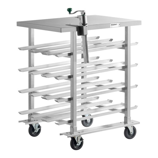 Regency Half Size Mobile Aluminum Can Rack for #10 and #5 Cans with Stainless Steel Top and Heavy Duty Can Opener