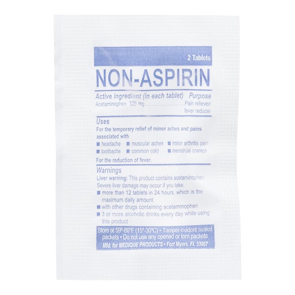 A white packet labeled 'NON-ASPIRIN' containing two acetaminophen tablets, with usage instructions and warnings printed on the front.