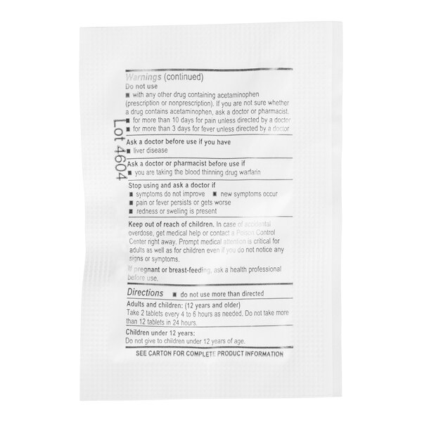 A packet with printed warnings, directions, and dosage information for acetaminophen tablets.
